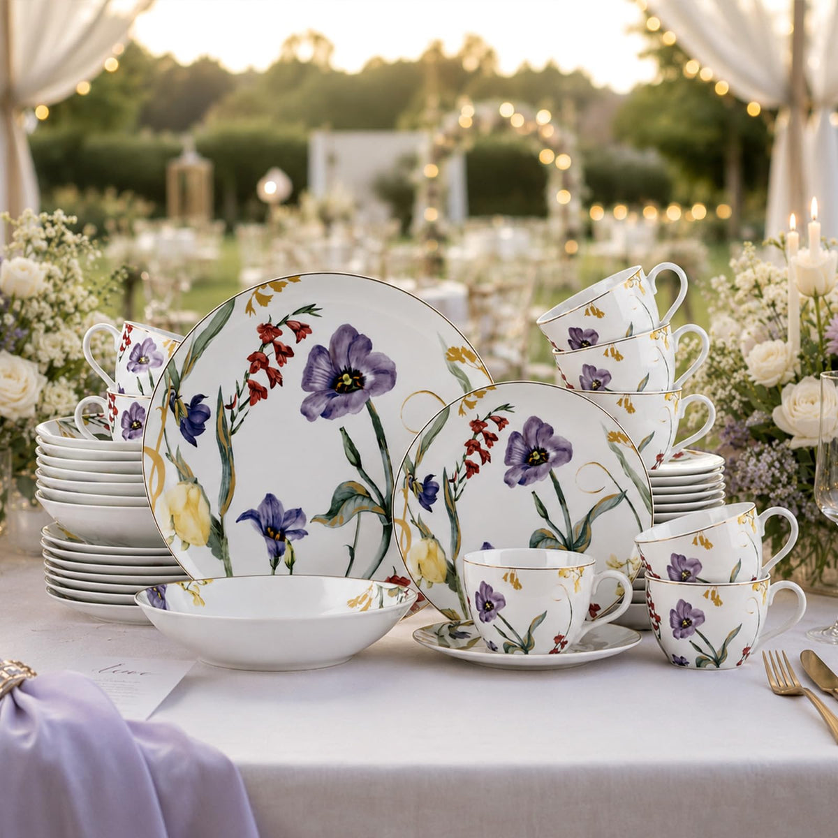 Gold-Trim Porcelain Dinnerware Set