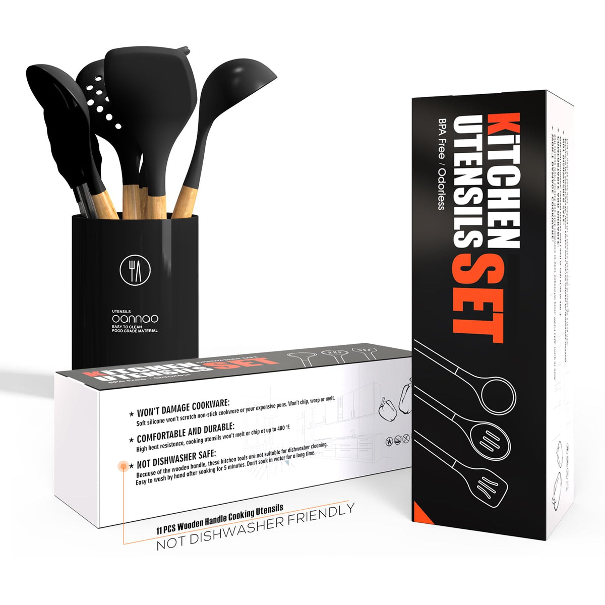 Heat-Resistant Silicone Utensil Set With Wood Handles