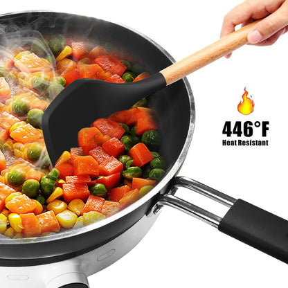 Heat-Resistant Silicone Utensil Set With Wood Handles