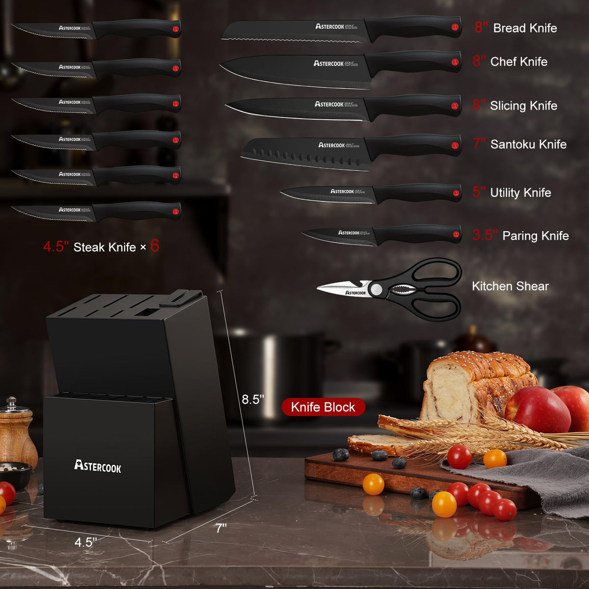 German Stainless Steel Knife Set With Sharpener Block
