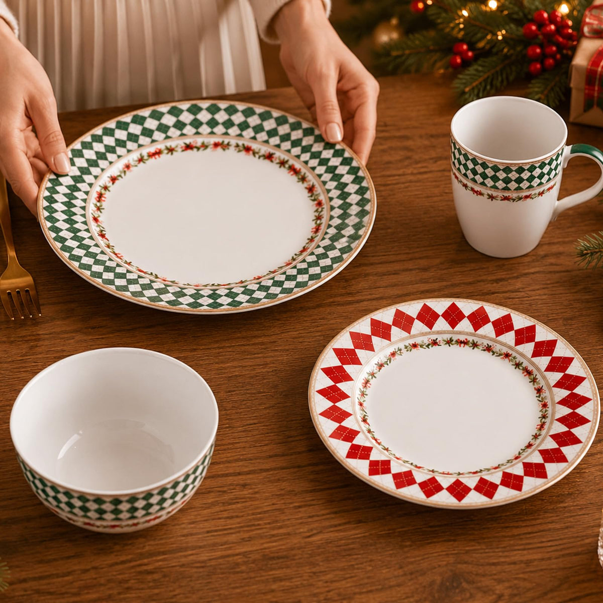 Gold-Trim Porcelain Dinnerware Set