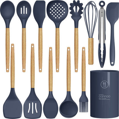 Heat-Resistant Silicone Utensil Set With Wood Handles