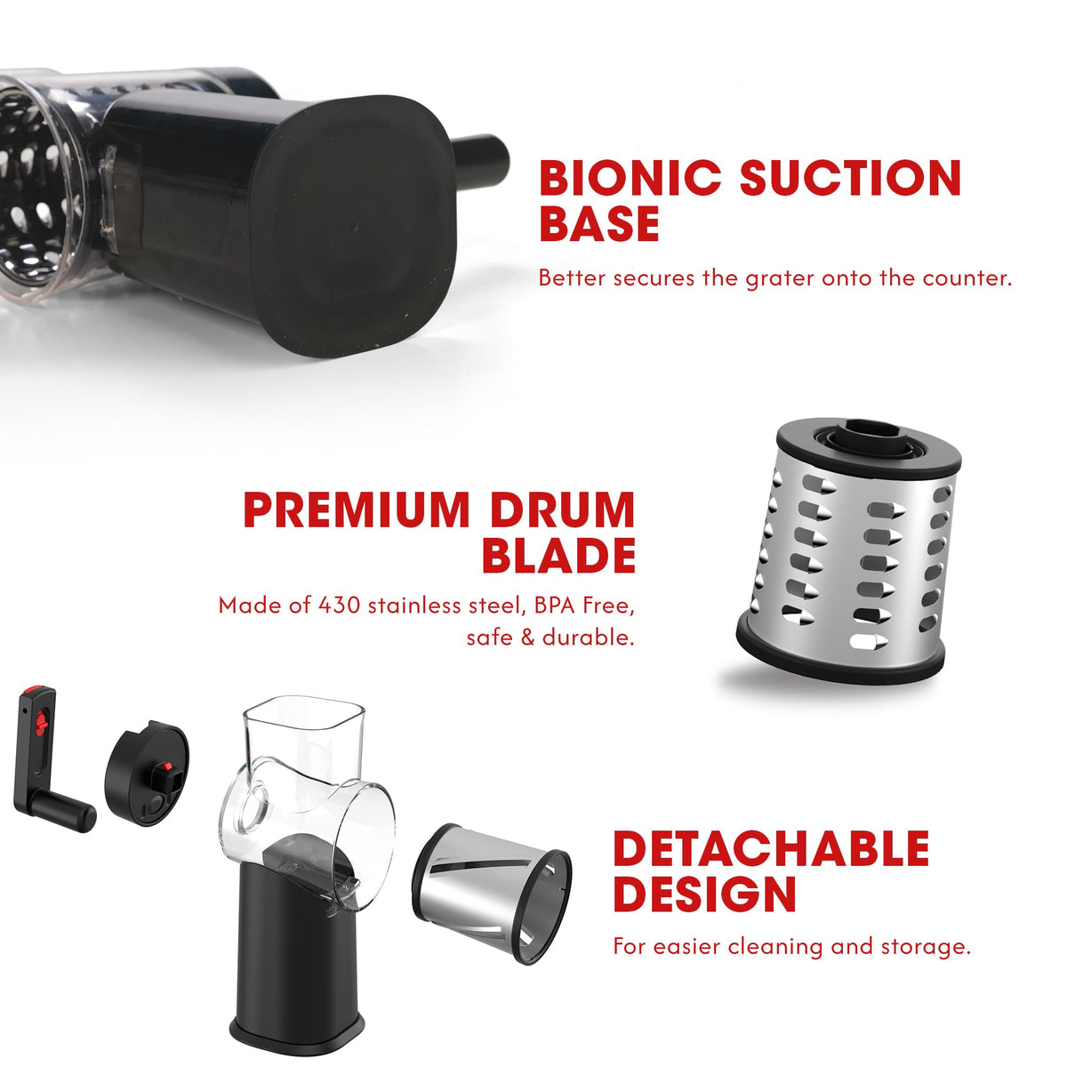 Rotary Cheese Grater With Three Interchangeable Blades
