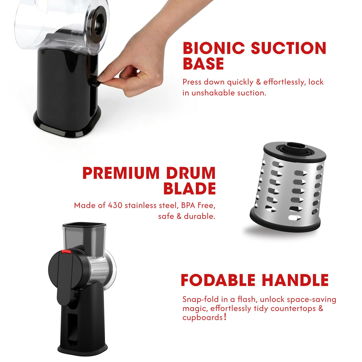 Rotary Cheese Grater With Three Interchangeable Blades