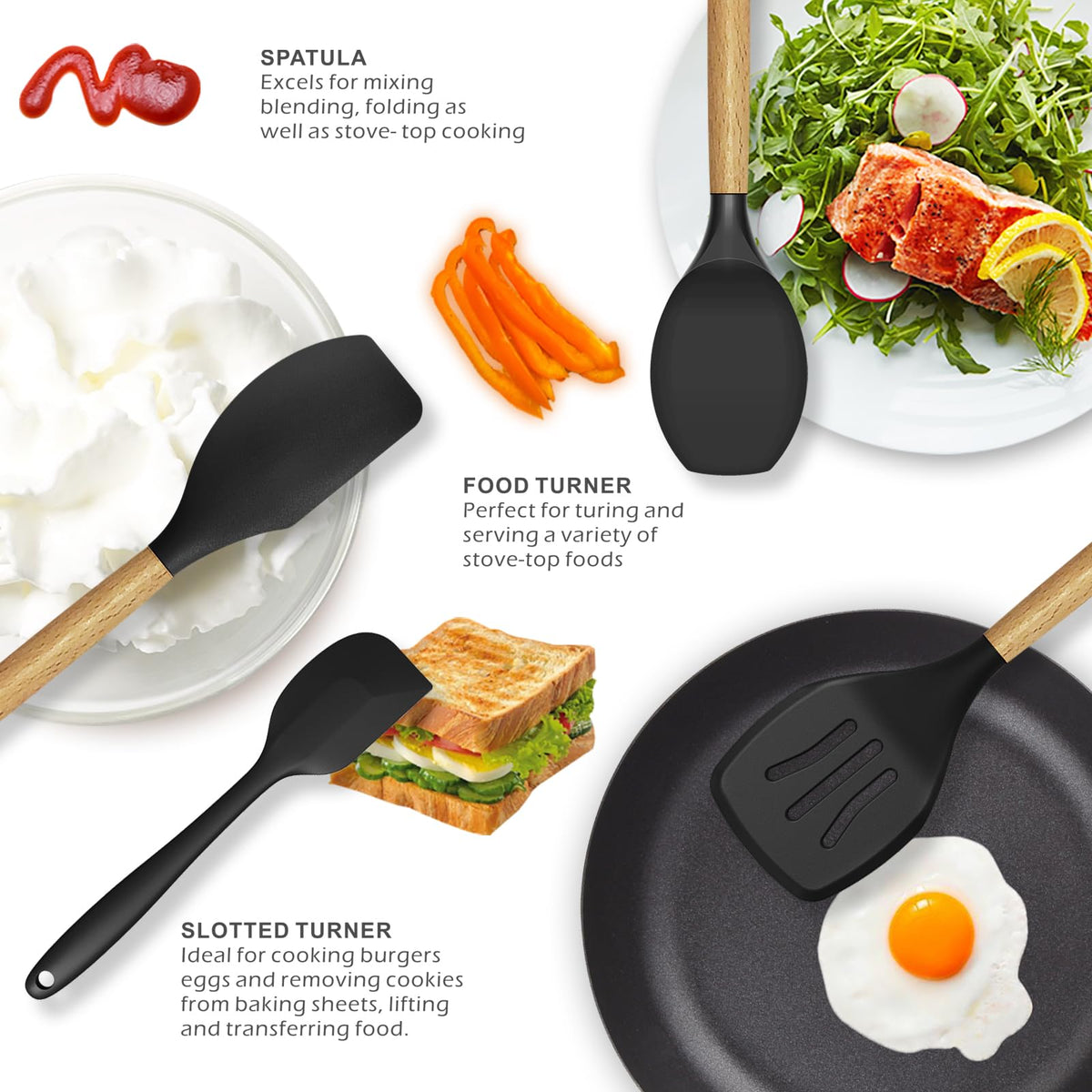 Heat-Resistant Silicone Utensil Set With Wood Handles