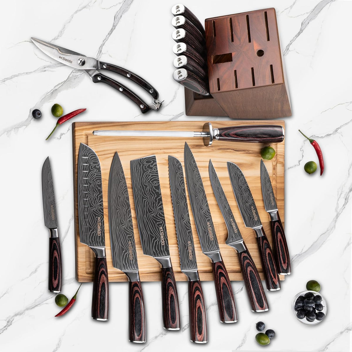 17-Piece Damascus Knife Set With Acacia Wood Block