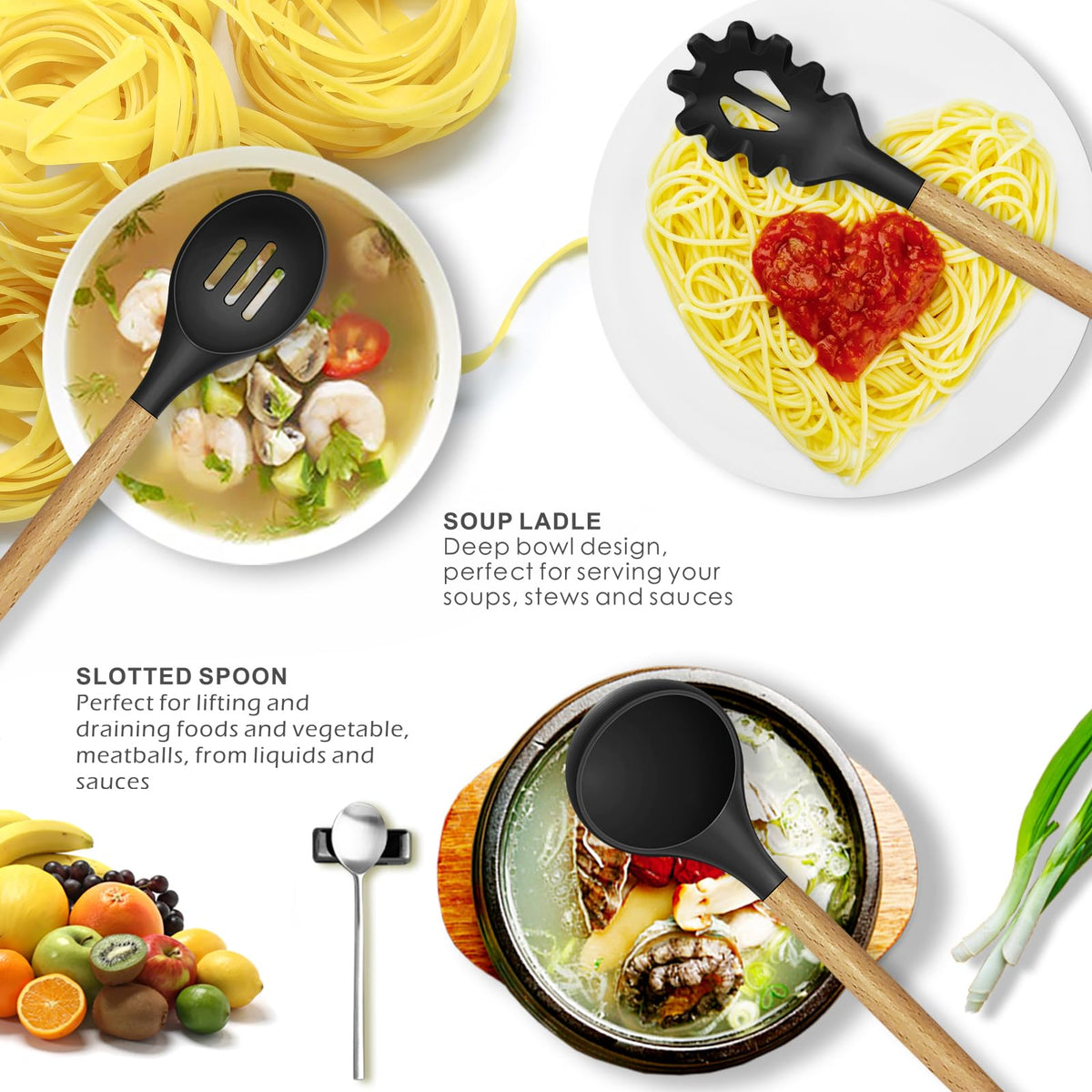 Heat-Resistant Silicone Utensil Set With Wood Handles