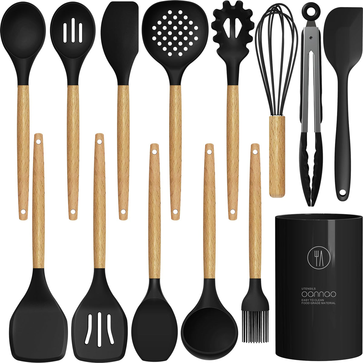 Heat-Resistant Silicone Utensil Set With Wood Handles