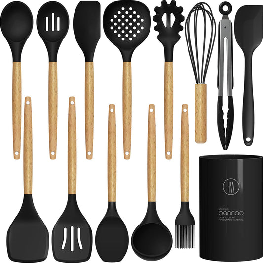 Heat-Resistant Silicone Utensil Set With Wood Handles