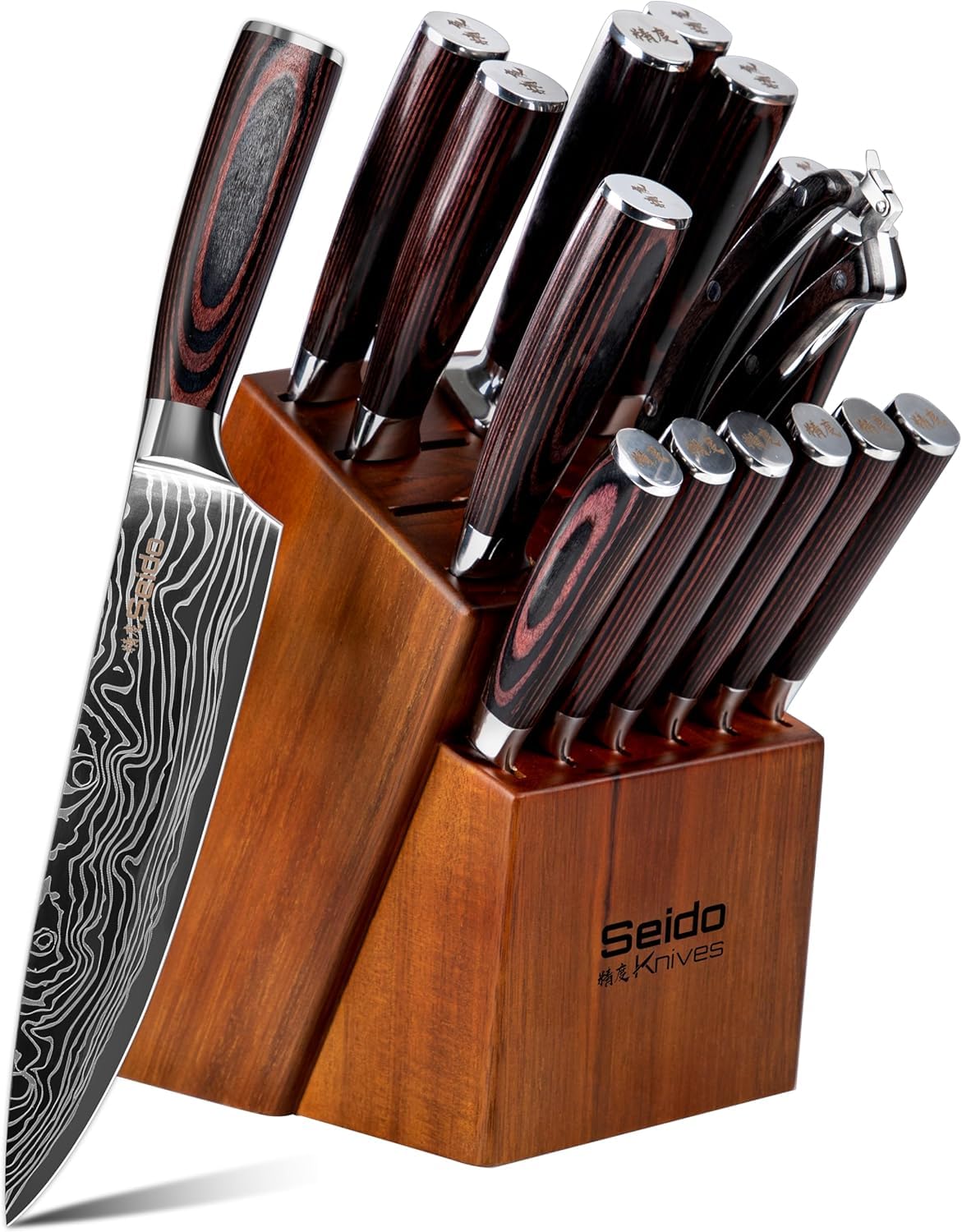 17-Piece Damascus Knife Set With Acacia Wood Block