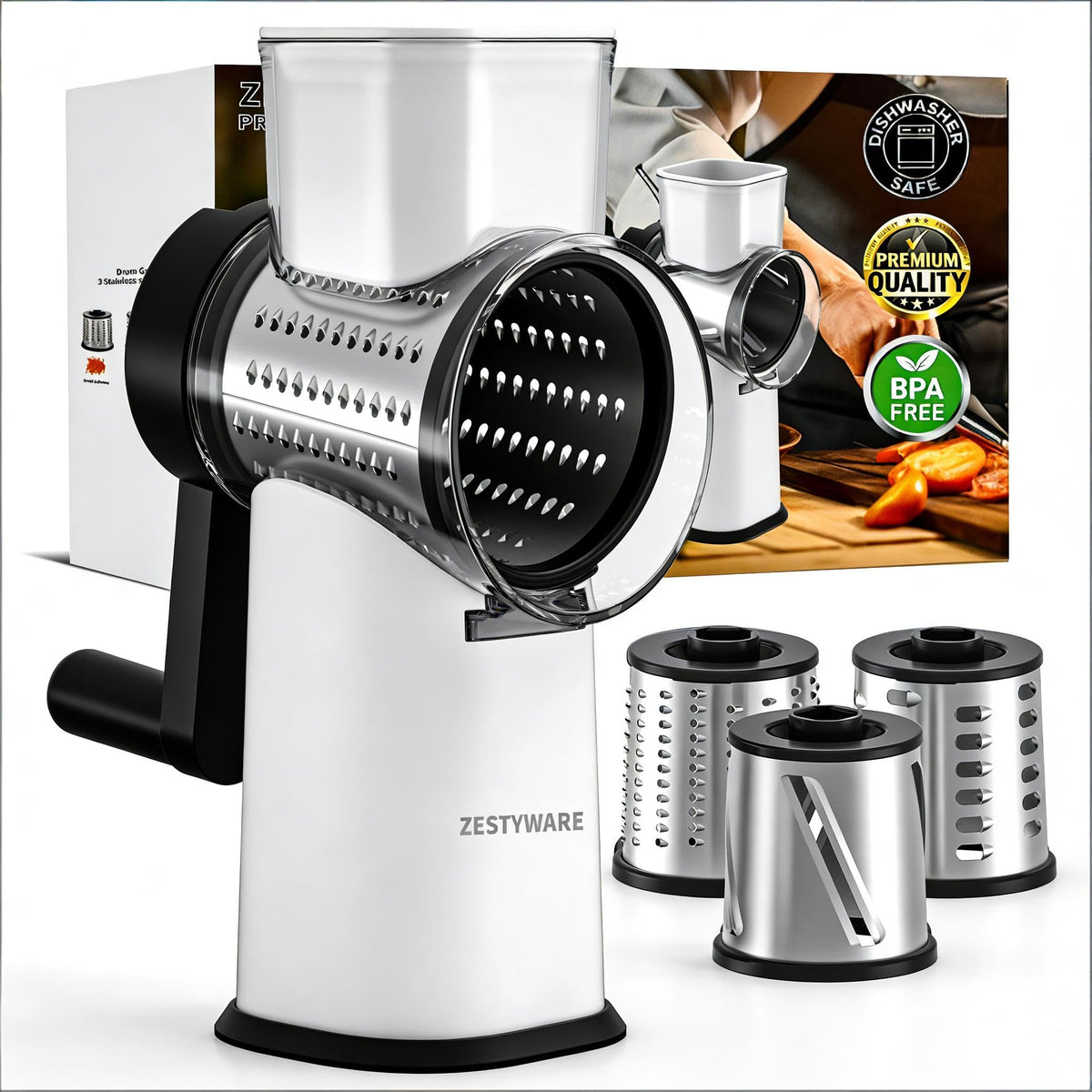 Rotary Cheese Grater With Three Interchangeable Blades