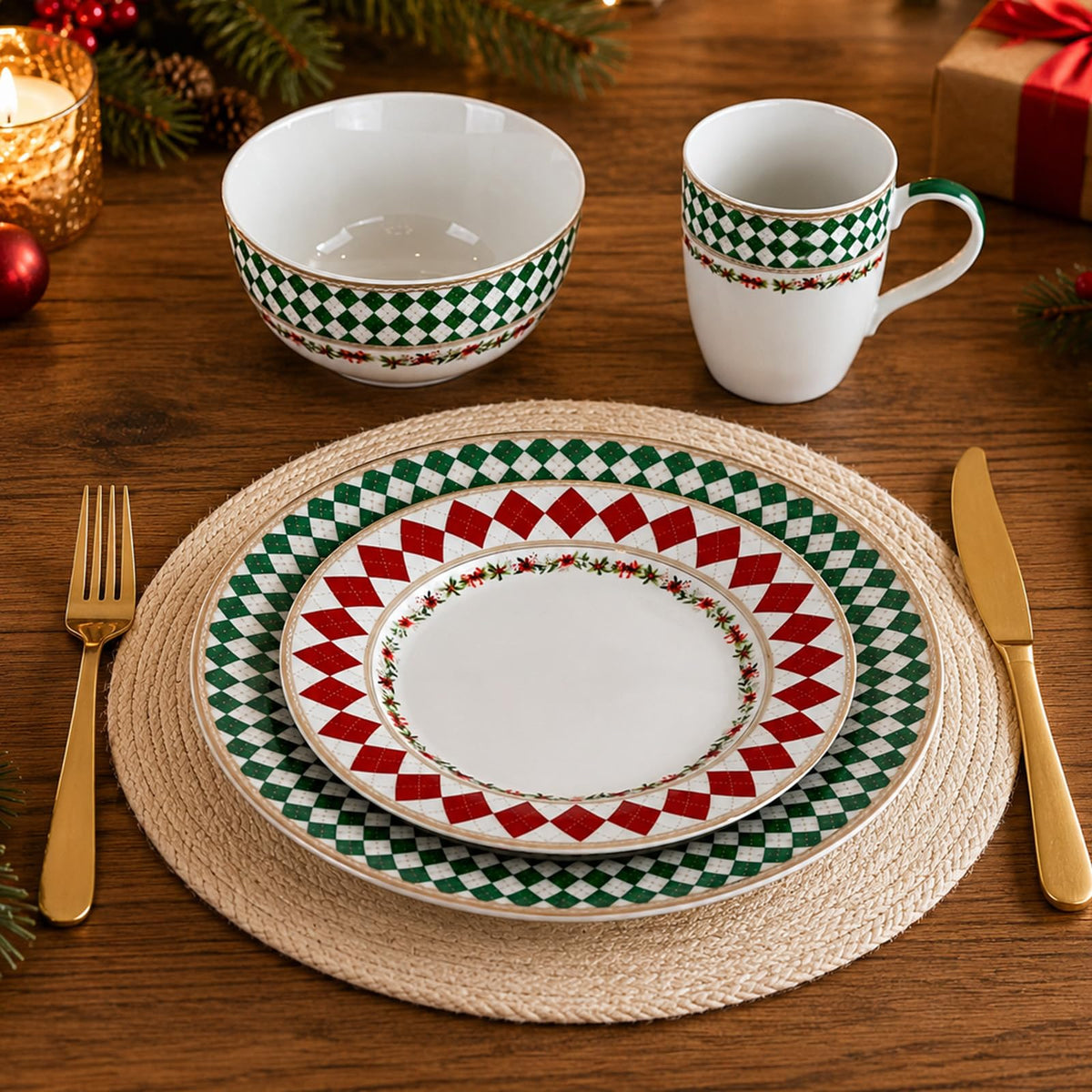 Gold-Trim Porcelain Dinnerware Set