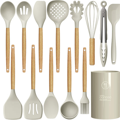 Heat-Resistant Silicone Utensil Set With Wood Handles