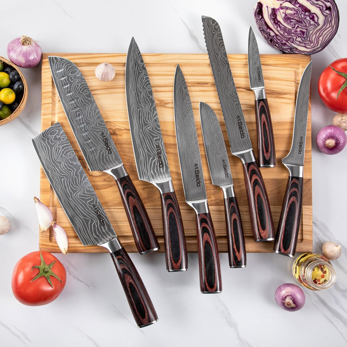 17-Piece Damascus Knife Set With Acacia Wood Block