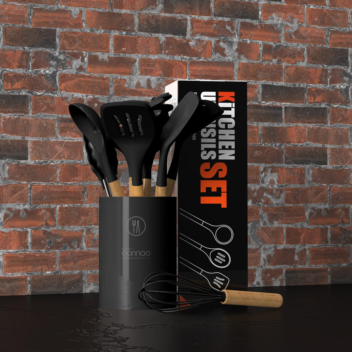 Heat-Resistant Silicone Utensil Set With Wood Handles