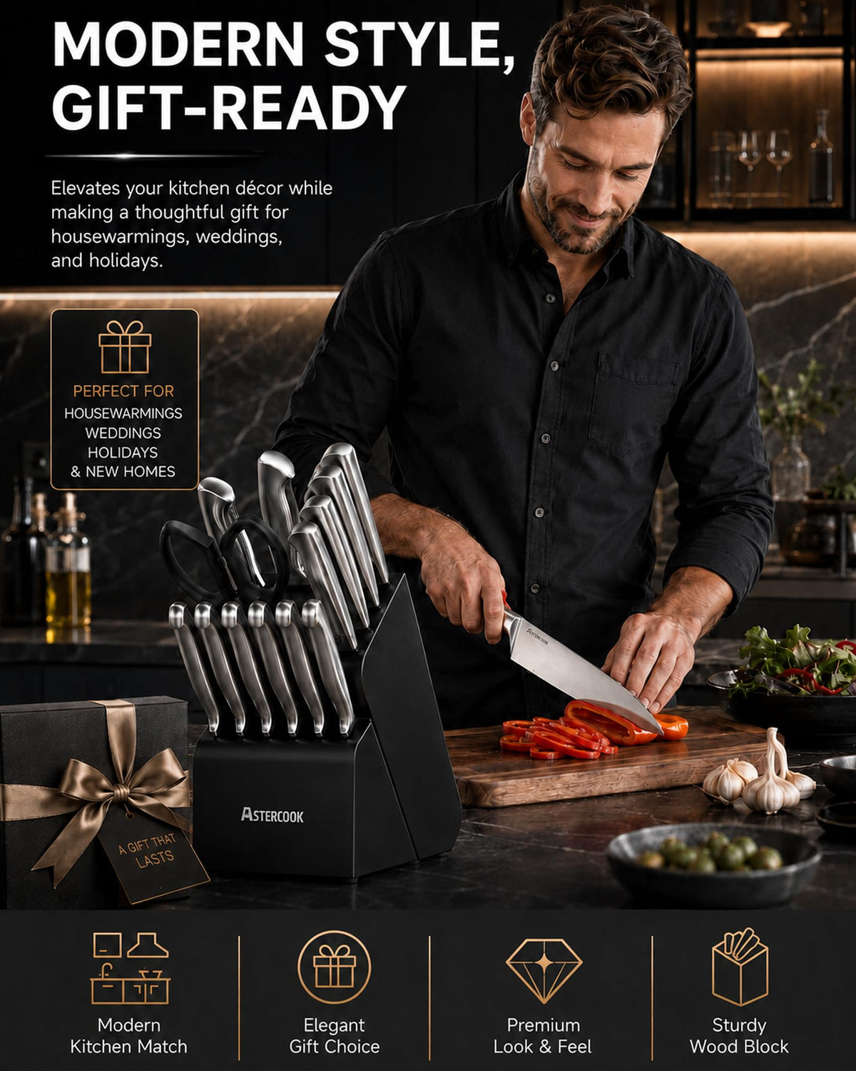 15-Piece German Steel Kitchen Knife Block Set