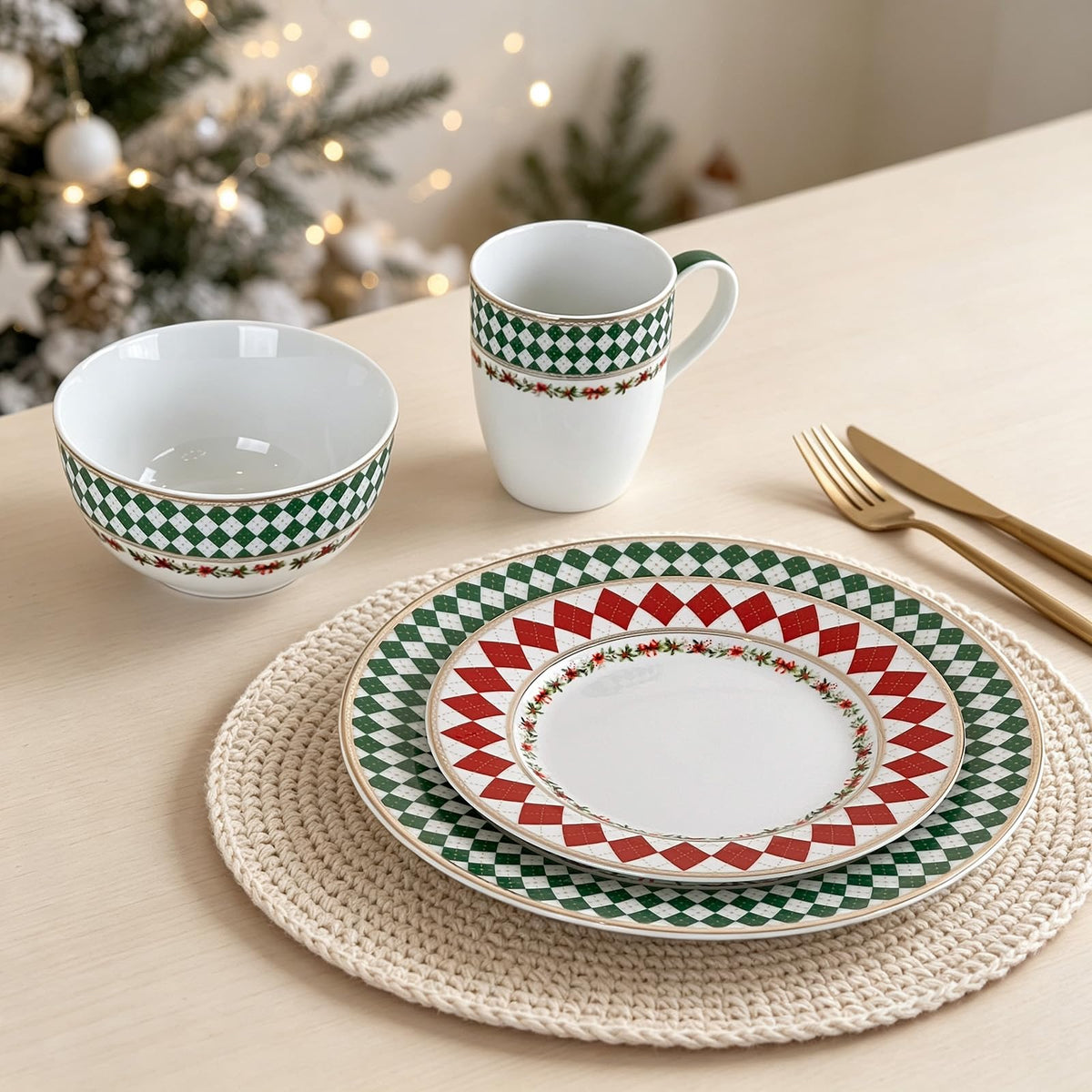 Gold-Trim Porcelain Dinnerware Set