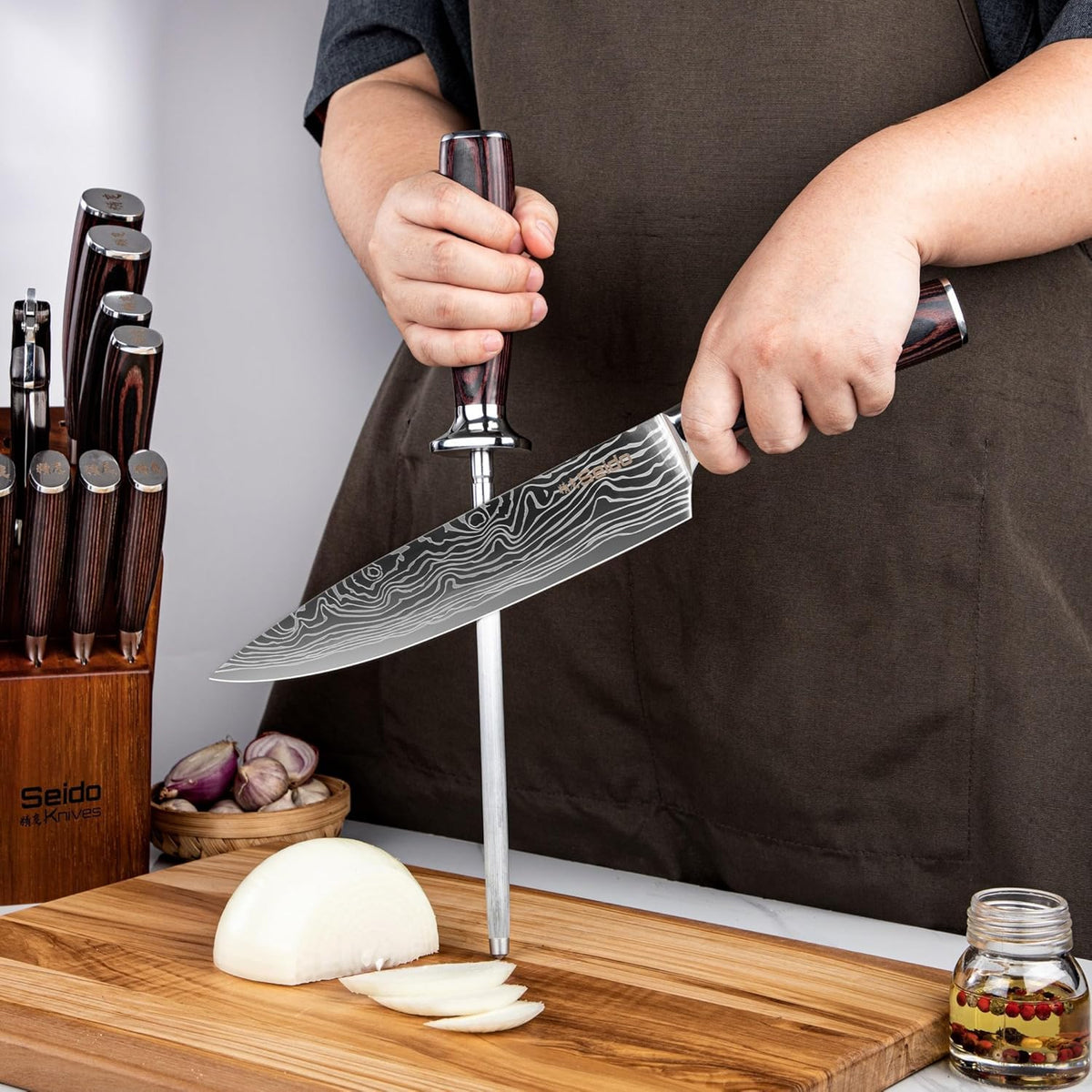 17-Piece Damascus Knife Set With Acacia Wood Block